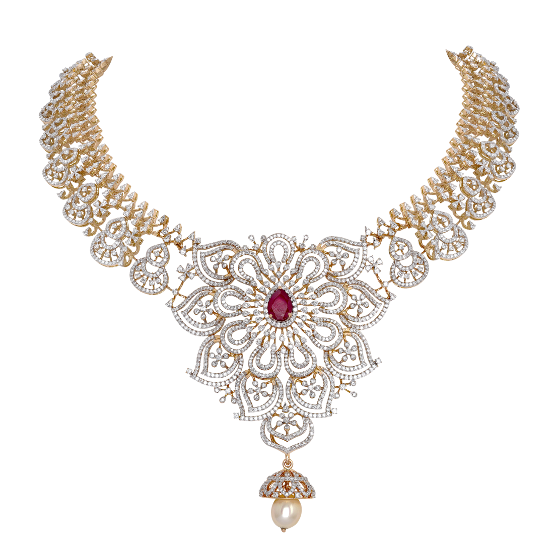 Designer Necklace with Diamond and Ruby with Dangling Jhumka
