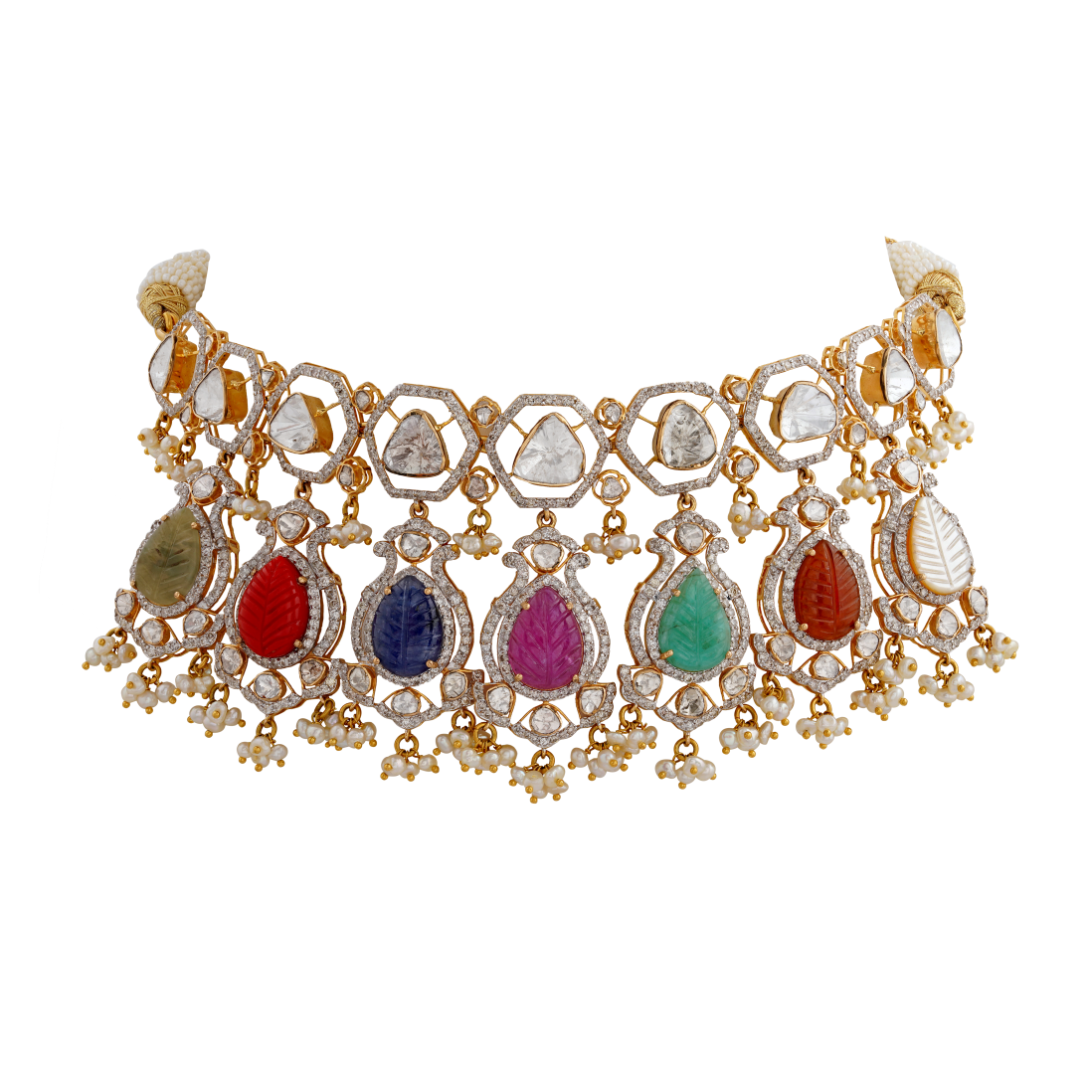 Purchase Polki necklace with diamonds, CZ stones and gemstones